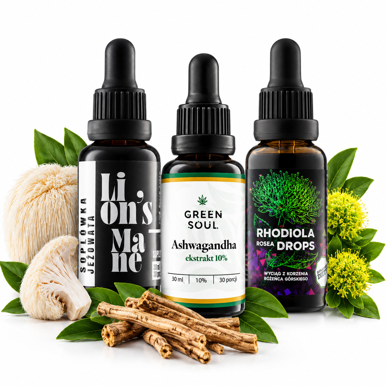 Zestaw Soplówka Jeżowata, Ashwagandha i Różeniec Górski Green Soul